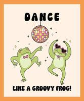 Groovy Disco Frog Dancing with disco ball Trendy Retro Minimal drawing vector