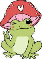 Retro frog with peace sign, frog with mushroom hat cartoon doodle png