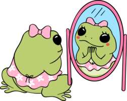 Retro groovy frog in mirrow cartoon doodle self love png