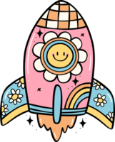 Retro groovy school supplies back to school rocket doodle drawing png