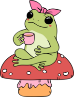 Retro groovy frog with coffee on mushroom cartoon doodle png