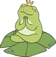 Retro groovy frog meditation yoga on lotus leaf cartoon doodle png