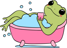 Retro groovy frog in bathtub cartoon doodle self care png