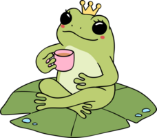 Retro groovy frog with coffee on lotus leaf cartoon doodle png