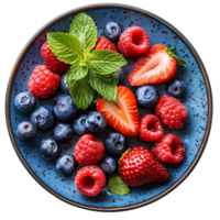 strawberries and blueberries on plate. Healthy fruit variety as breakfast food isolated png