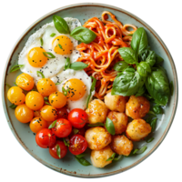 Eggs and vegetable salad on plate. Healthy breakfast food with eggs and veggies on blue plate top view. png