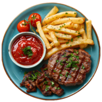 grilled steak with French fries and ketchup on plate. Steak and fries on blue plate flat lay png