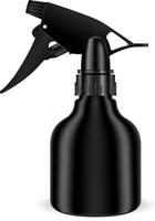 Spray bottle with pistol sprayer head for cosmetic or house care products. Black plastic cosmetics package with trigger for barber shop. dispenser container. vector