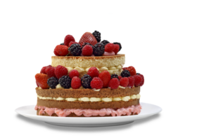 naked cake with red fruits and cream on neutral background png