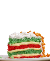 slice of colorful cake with vanilla cream and whipped cream on neutral background png