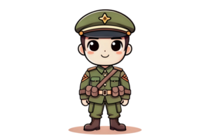 A cartoon soldier is standing with his hands on his hips and a smile on his face png