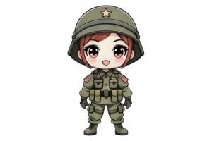 ein Karikatur Mädchen im ein Militär- Uniform mit ein Star auf ihr Helm png