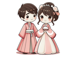 un' coppia di cartone animato personaggi vestito nel tradizionale nozze abbigliamento png