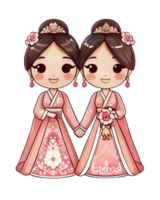 Two young women in traditional Chinese wedding attire holding hands and smiling png