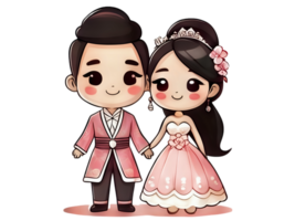 A cartoon couple in a wedding dress and suit png