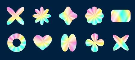 Holographic abstract shape set in trendy Y2K retro style vector