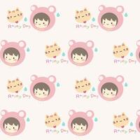 Hand drawn pattern with cute little girl and cat on white background vector