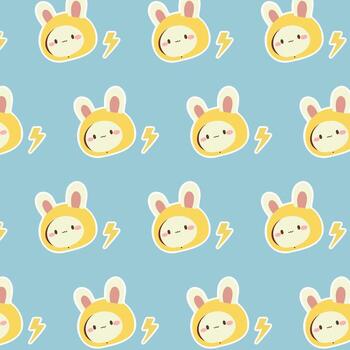 Hand drawn pattern with cute rabbit and yellow thunder on blue background vector