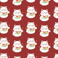 Maneki Neko Japanese Pattern on red background. vector