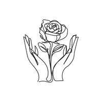 Rose with hand minimal design hand drawn one line style drawing, one line art continuous drawing, rose with hand single line art vector