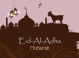 Eid Al Adha festival. Greeting card with sacrificial sheep and crescent on cloudy night background. Eid Mubarak theme vector