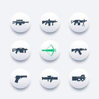 weapons, firearms icons set, sniper and assault rifles, machine gun, pistol, rocket launcher, crossbow, handguns, illustration vector