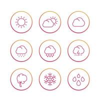 Weather line icons set, forecast elements, sunny, cloudy day, rain, snowflake, hail, snow vector