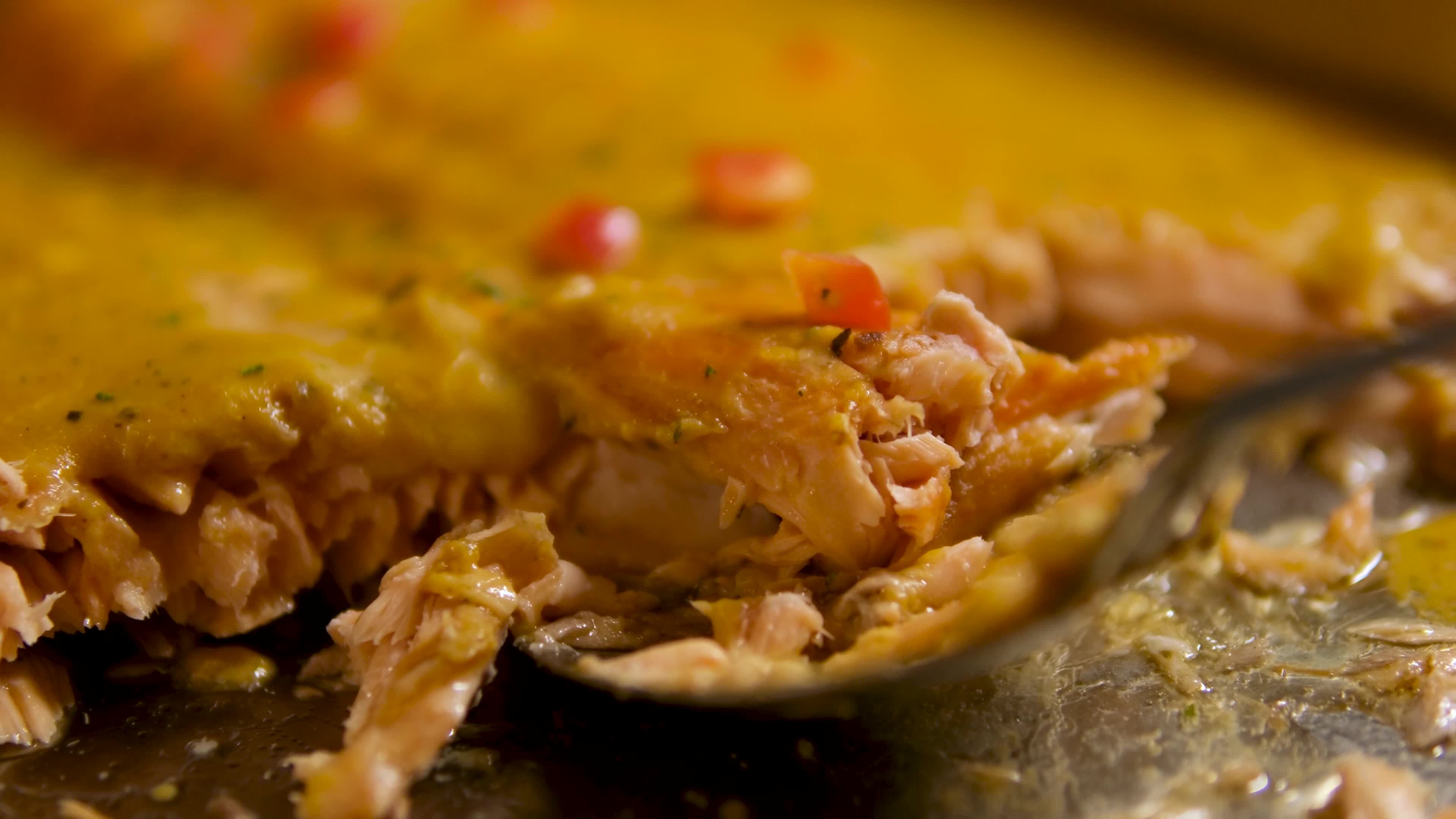 Salmon Mango Sauce Baked salmon steak with cream sauce rotating with
