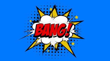 Bang Word in Red-colored Text in Cartoon Comic Bubbles with Explosive Patterns on a Vibrant Blue Background, Seamlessly Looping Animation in 4K resolution. video