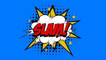 SLAM Word in Red-colored Text in Cartoon Comic Bubbles with Explosive Patterns on a Vibrant Blue Background, Seamlessly Looping Animation in 4K resolution. video