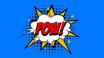 Pow Word in Red-colored Text in Cartoon Comic Bubbles with Explosive Patterns on a Vibrant Blue Background, Seamlessly Looping Animation in 4K resolution. video