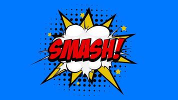 Smash Word in Red-colored Text in Cartoon Comic Bubbles with Explosive Patterns on a Vibrant Blue Background, Seamlessly Looping Animation in 4K resolution. video