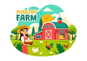 Poultry Farm Illustration with Chickens, Roosters, Straw, Cage and Egg on Scenery of Green Field in Flat Cartoon Background Design vector