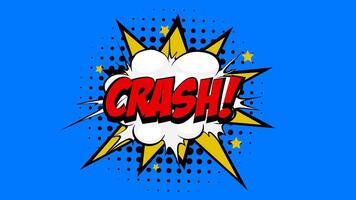 Crash Word in Red-colored Text in Cartoon Comic Bubbles with Explosive Patterns on a Vibrant Blue Background, Seamlessly Looping Animation in 4K resolution. video