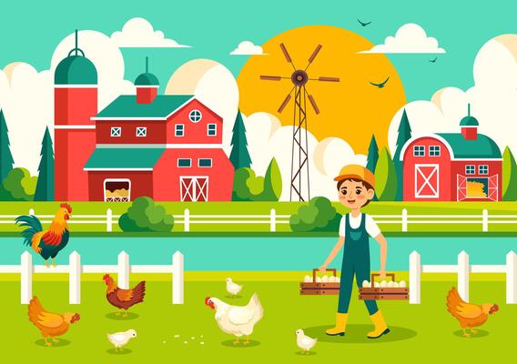Poultry Farm Illustration with Chickens, Roosters, Straw, Cage and Egg on Scenery of Green Field in Flat Cartoon Background Design