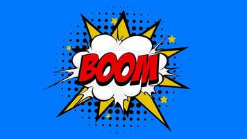 boom Word in Red-colored Text in Cartoon Comic Bubbles with Explosive Patterns on a Vibrant Blue Background, Seamlessly Looping Animation in 4K resolution. video