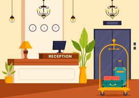 Hotel Reception Interior Illustration with Receptionist People and Travelers for Booking in Flat Cartoon Background vector