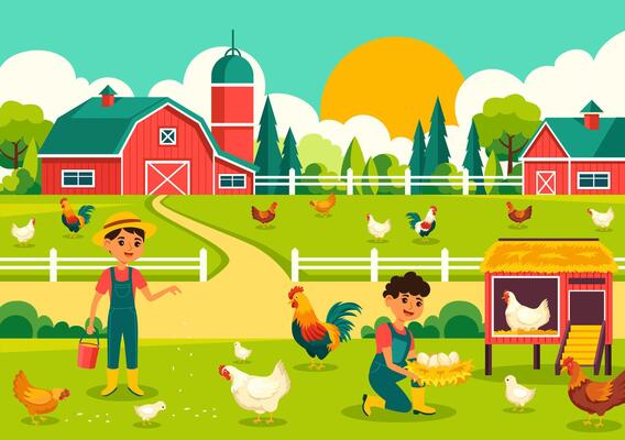 Poultry Farm Illustration with Chickens, Roosters, Straw, Cage and Egg on Scenery of Green Field in Flat Cartoon Background Design