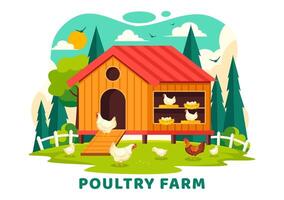 aves de corral granja ilustración con pollos, gallos, paja, jaula y huevo en paisaje de verde campo en plano dibujos animados antecedentes diseño vector