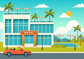 Hotel Illustration of interior and exterior with building on green grass, beach and promenade street and palm trees in Flat Cartoon Background vector