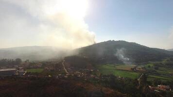 fuego en montaña bosque aéreo ver video