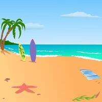 Empty beautiful sea beach with starfish and couple of surfboards. illustration sandy summer beach for relaxation. A few palm trees clear skies and good weather. Waves and the Cote dAzur of vector