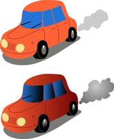 Small red car in two variants cartoon and gradient with smoke and headlights on. illustration of a small car in motion with a shadow under the body. Red Two-Door auto vector