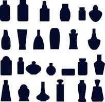 gráfico recurso diferente perfume botellas, champú frascos y botellas con persperantes y limpieza agentes de diferente formas y colores. ilustración diferente contenedores para el estantería de vector