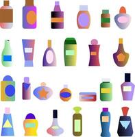 gráfico recurso diferente perfume botellas, champú frascos y botellas con persperantes y limpieza agentes de diferente formas y colores. ilustración diferente contenedores para el estantería de vector