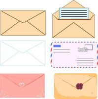 Different Types of Paper Messages Envelope for Sending Letters. illustration of different colors and shapes, letter with sealing, sealing wax and ordinary envelopes vector