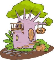 A forest tavern inside a tree trunk. Fantasy cartoon style elven establishment in the forest. illustration of a growing live baobab tree with a tavern inside. Balcony on a tree a door and a vector