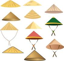 Twelve Pieces Set Chinese Straw Triangle Hat Dowley Pinyin Limao. illustration different shapes and color of Chinese folk limao hat made of straw vector