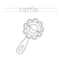 Trace the letters and color cartoon toy rattle. Handwriting practice for kids. vector