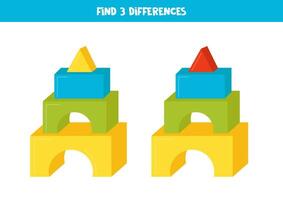 Find 3 differences between two cute cartoon toy pyramid. vector